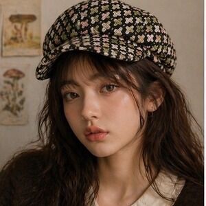 Redfish Designs Women Newsboy Cap Pink Green Geometric Wool Blend Twee Preppy